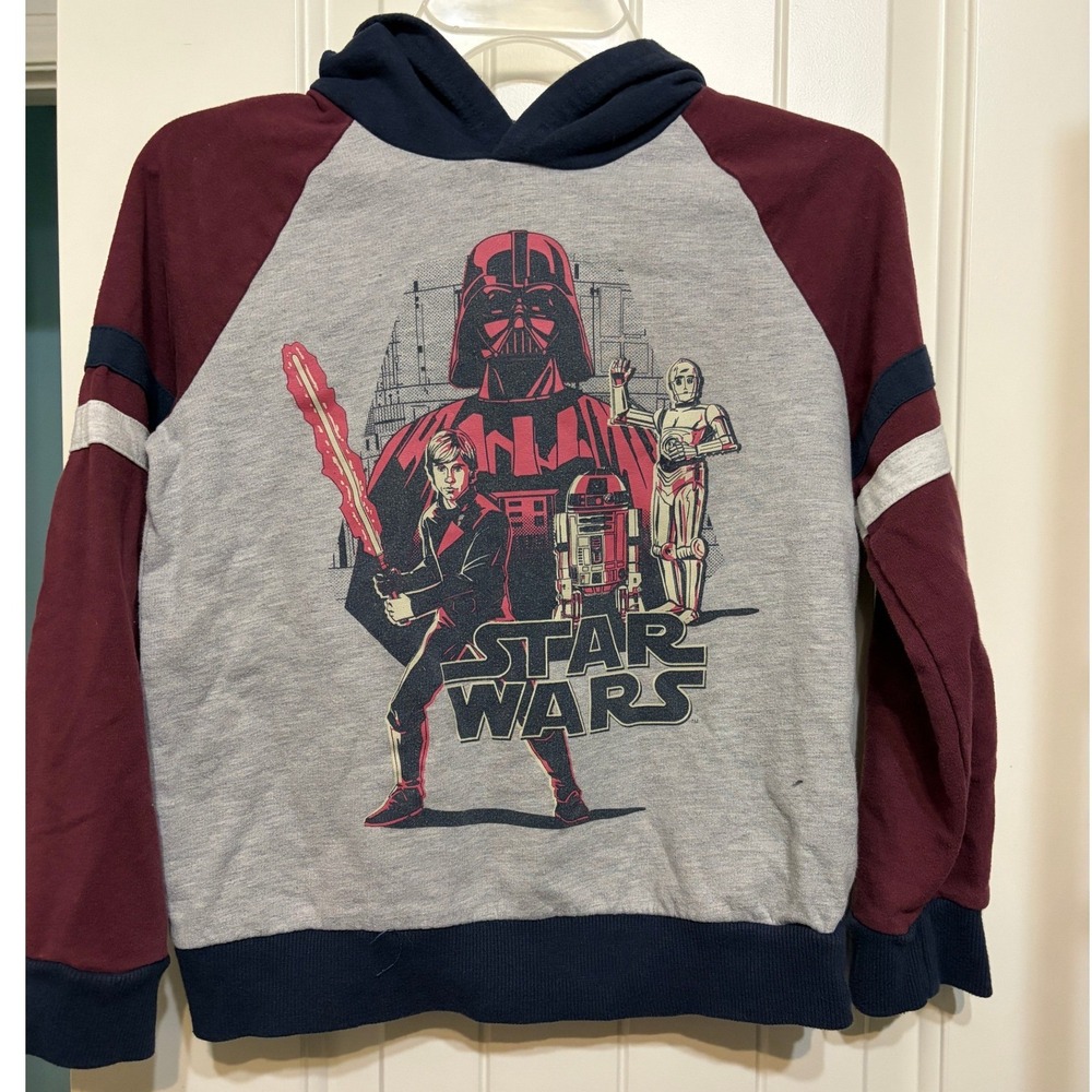 Star Wars Jumping Beans Boys Fleece Hoodie Grey Burgundy Luke Vader Size 7
